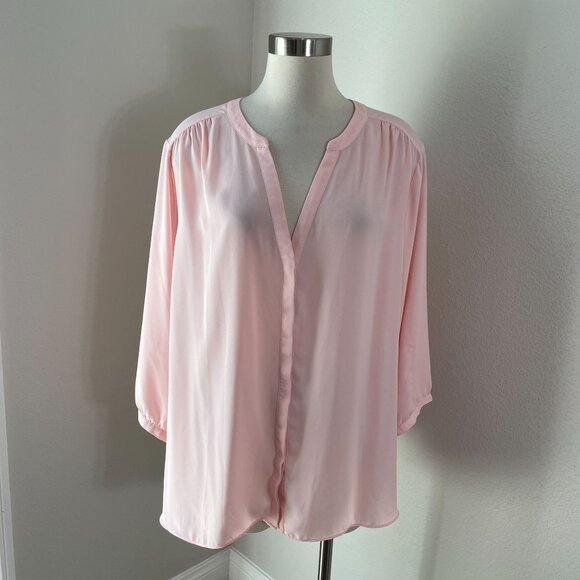 NYDJ Womens Plus 2X Pink V Neck Blouse Tunic Top Pleated Back - Picture 1 of 10